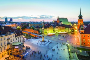Night panorama of Old Town in Warsaw, Poland